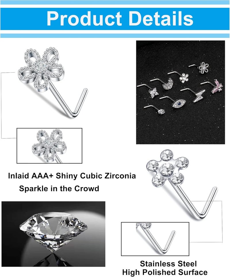 Tornito 9Pcs Nose Rings Stud L Bone Screw Shaped Nose Ring Flower CZ Snowflake Butterfly Screw Nose Stud Body Piercing Jewelry for Women Men 20G Silver Gold Rose Gold Tone - Image 3